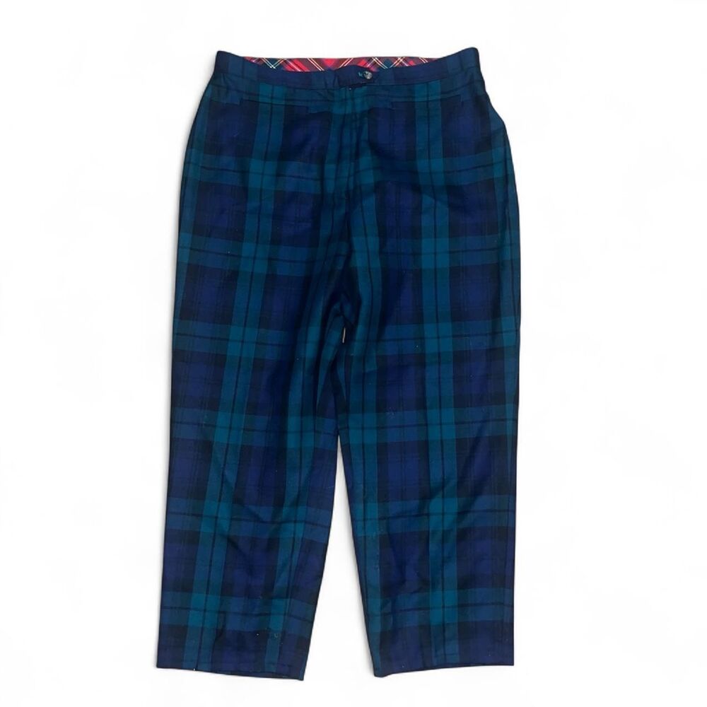 Vintage Y2K Tommy Hilfiger Women's Blue and Green Plaid 100% Wool Trousers SZ 14
